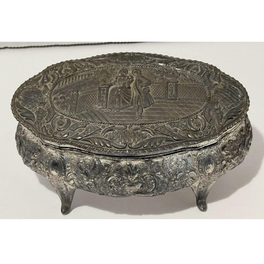 Vintage Silver Tone Oval Footed Jewelry Trinket  Box Courting Couple Victorian - Picture 4 of 16